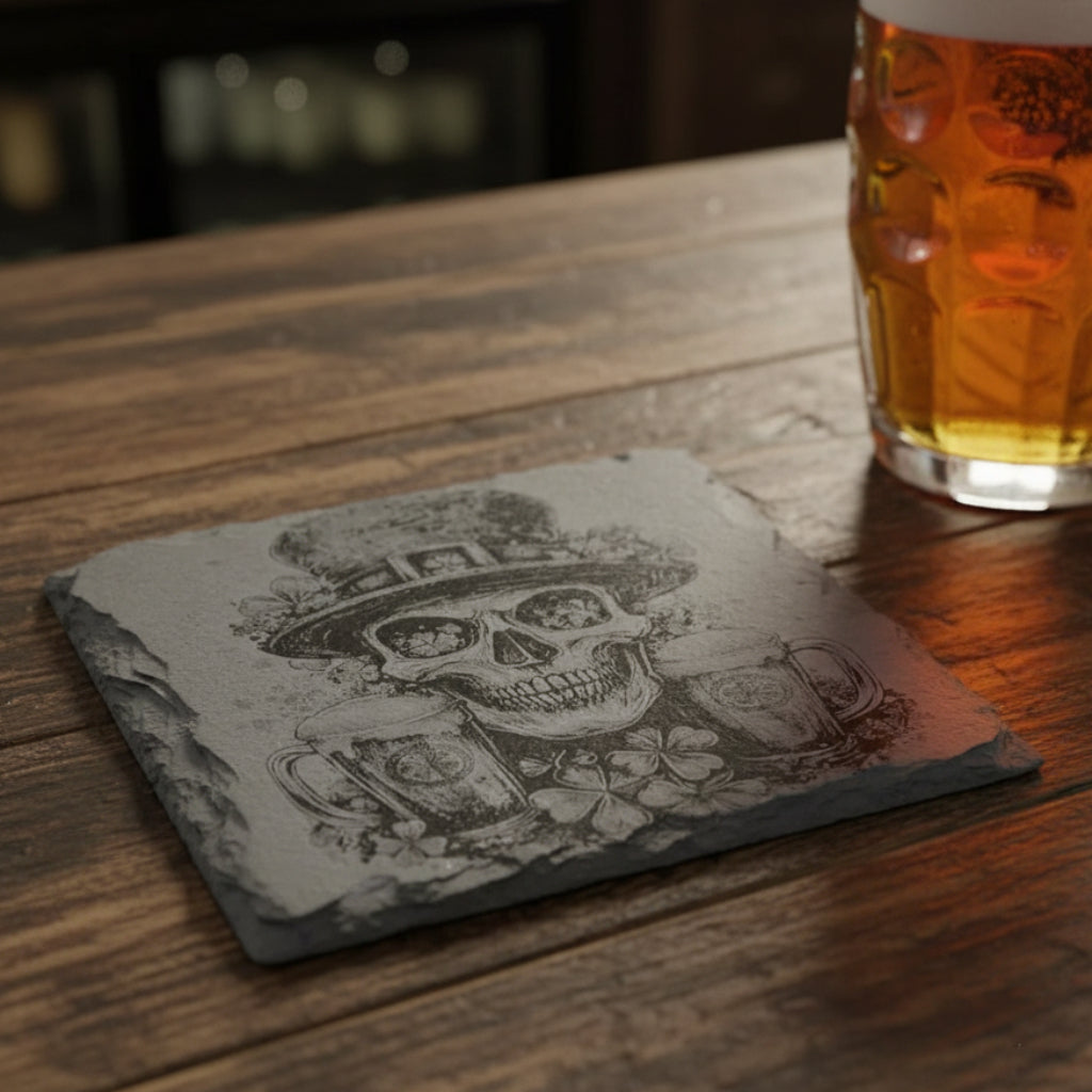Slate coaster with a skull wearing a top hat and holding two beer mugs on a woven surface.