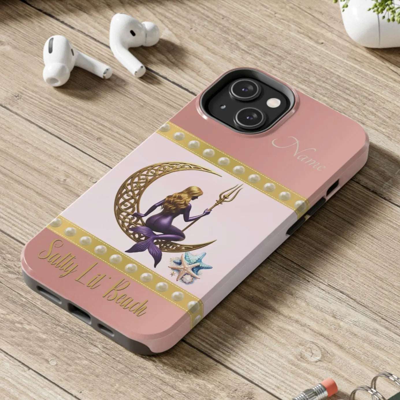 Pink and White 14 iPhone Case with mermaid sitting on a celtic crescent moon holding a trident that says Salty Lil' Beach. Personalized with name.
