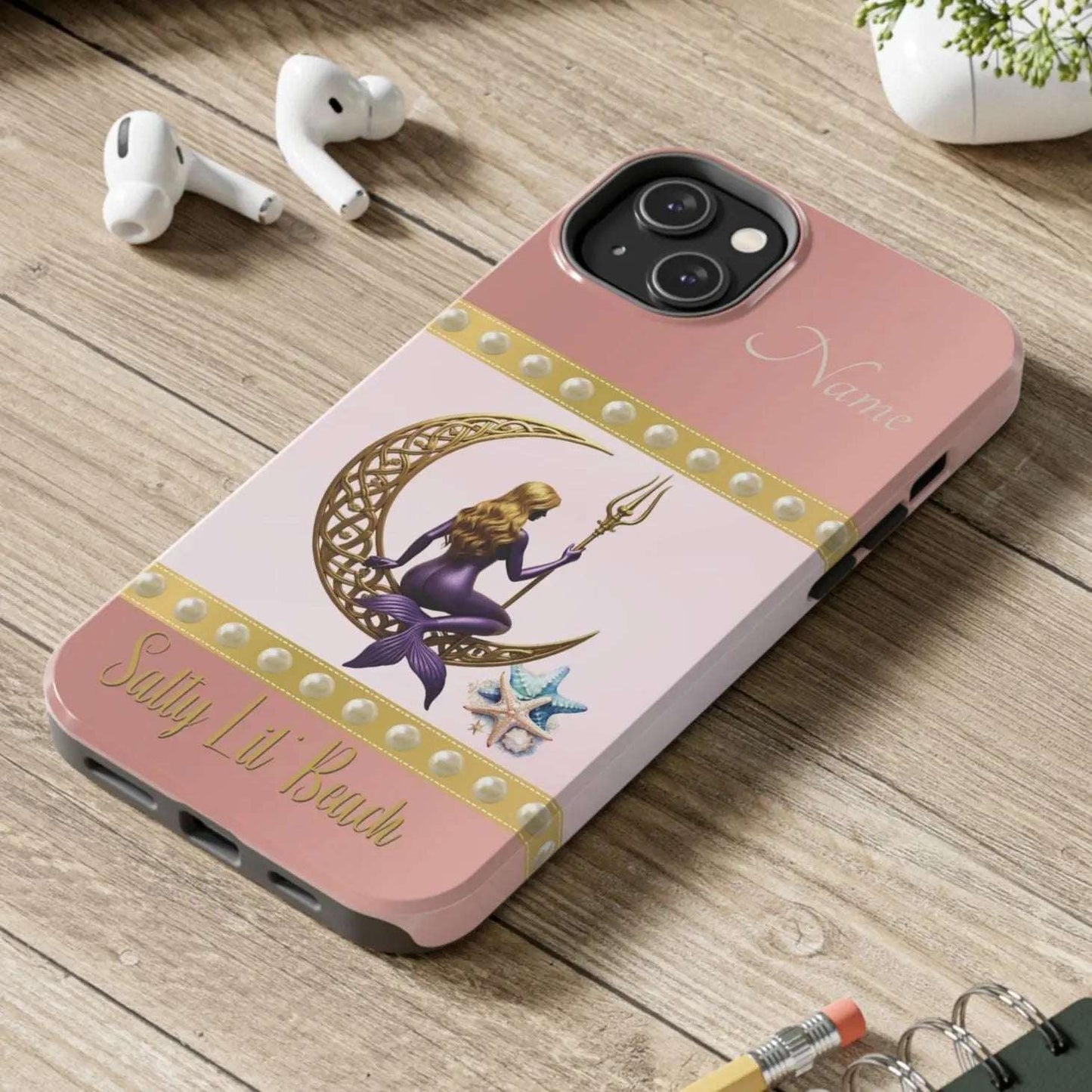 Pink and White 14 Plus iPhone Case with mermaid sitting on a celtic crescent moon holding a trident that says Salty Lil' Beach. Personalized with name.