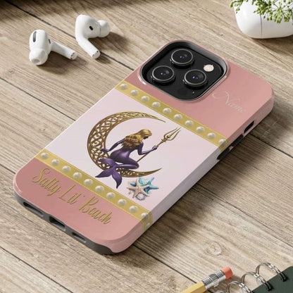 Pink and White 14 Pro iPhone Case with mermaid sitting on a celtic crescent moon holding a trident that says Salty Lil' Beach. Personalized with name.