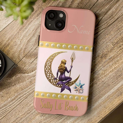 Pink and White 15 Plus iPhone Case with mermaid sitting on a celtic crescent moon holding a trident that says Salty Lil' Beach. Personalized with name.