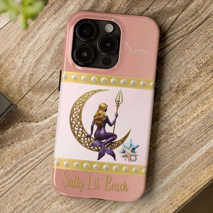 Pink and White 15 Pro iPhone Case with mermaid sitting on a celtic crescent moon holding a trident that says Salty Lil' Beach. Personalized with name.