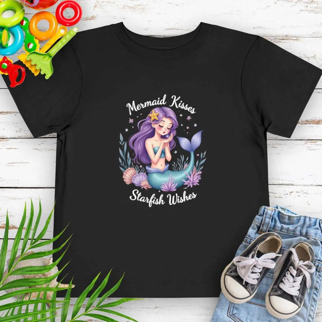 Mermaid Kisses Starfish Wishes Toddler Black T-shirt featuring a mermaid sitting in sea plants and shells blowing bubbles.