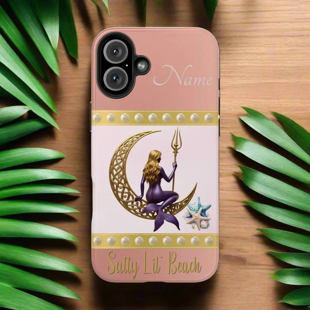Pink and White 16 Pro iPhone Case with mermaid sitting on a celtic crescent moon holding a trident that says Salty Lil' Beach. Personalized with name.