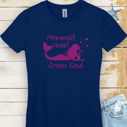 Navy Women's T-shirt with Mermaid that says Mermaid Heart Ocean Soul.