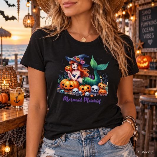 Woman wearing a black women's t-shirt with mermaid in witches hat laying in pumpkin patch with text Mermaid Mischief.