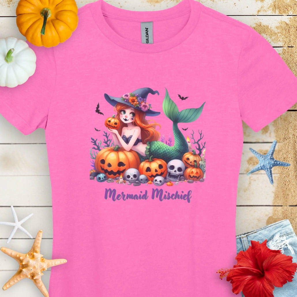 Azalea Women's T-shirt with mermaid in witches hat laying in pumpkin patch with text Mermaid Mischief.