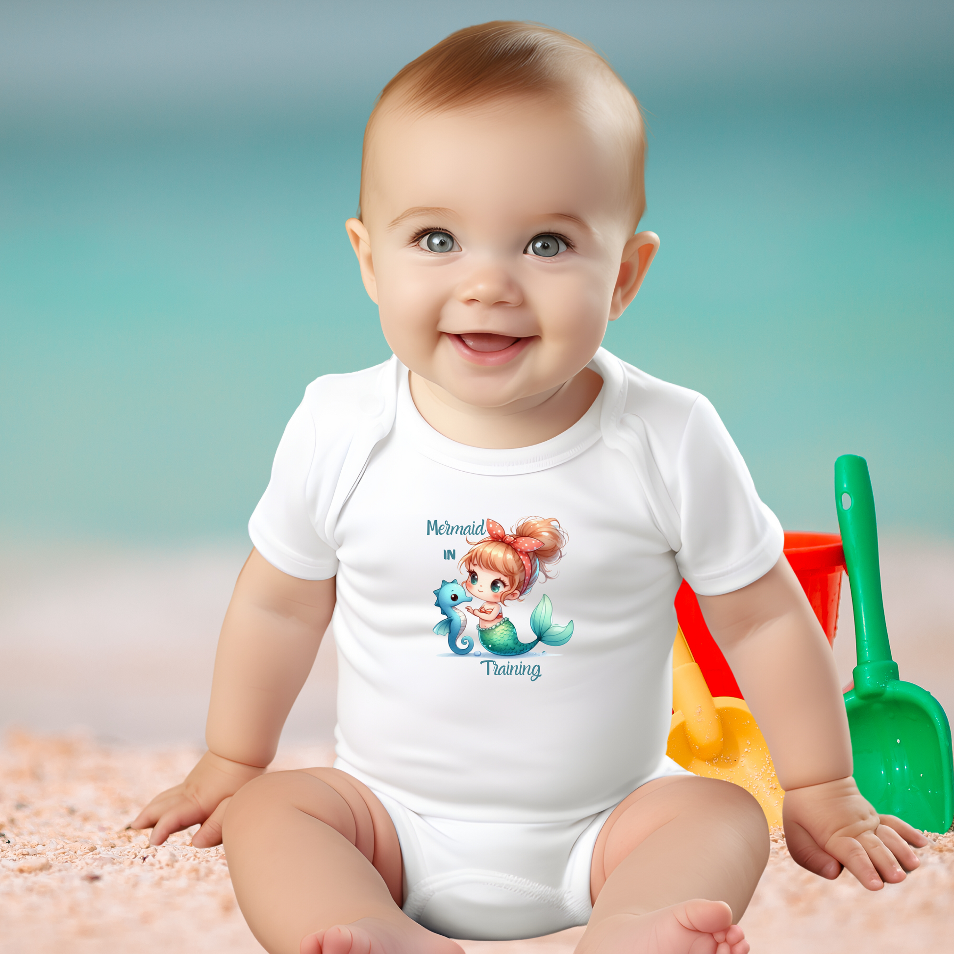 Baby sitting in a white Mermaid in Training Infant One-piece Bodysuit with a picture of a mermaid.