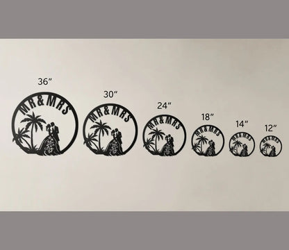 Size Chart for  metal Sign with Wedding couple under palm trees with Mr. & Mrs. on top.