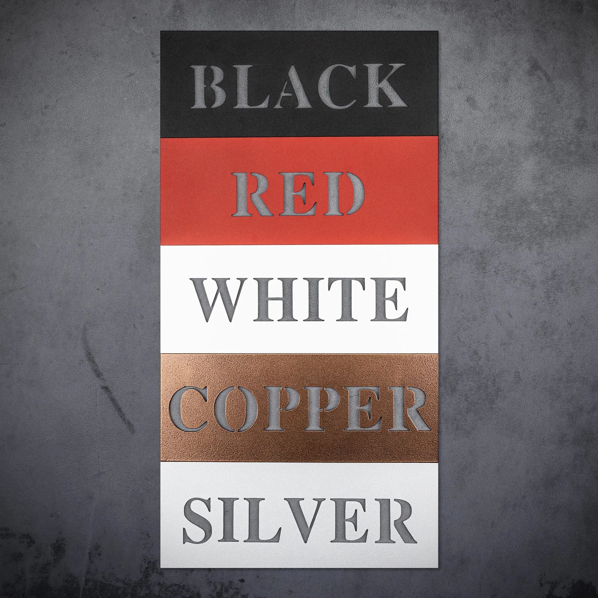 A color chart of metal in black, red, white, copper, and silver