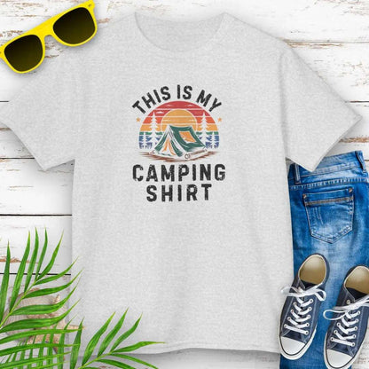 Our ash retro sunset with tent in forest 'This is My Camping Shirt'.