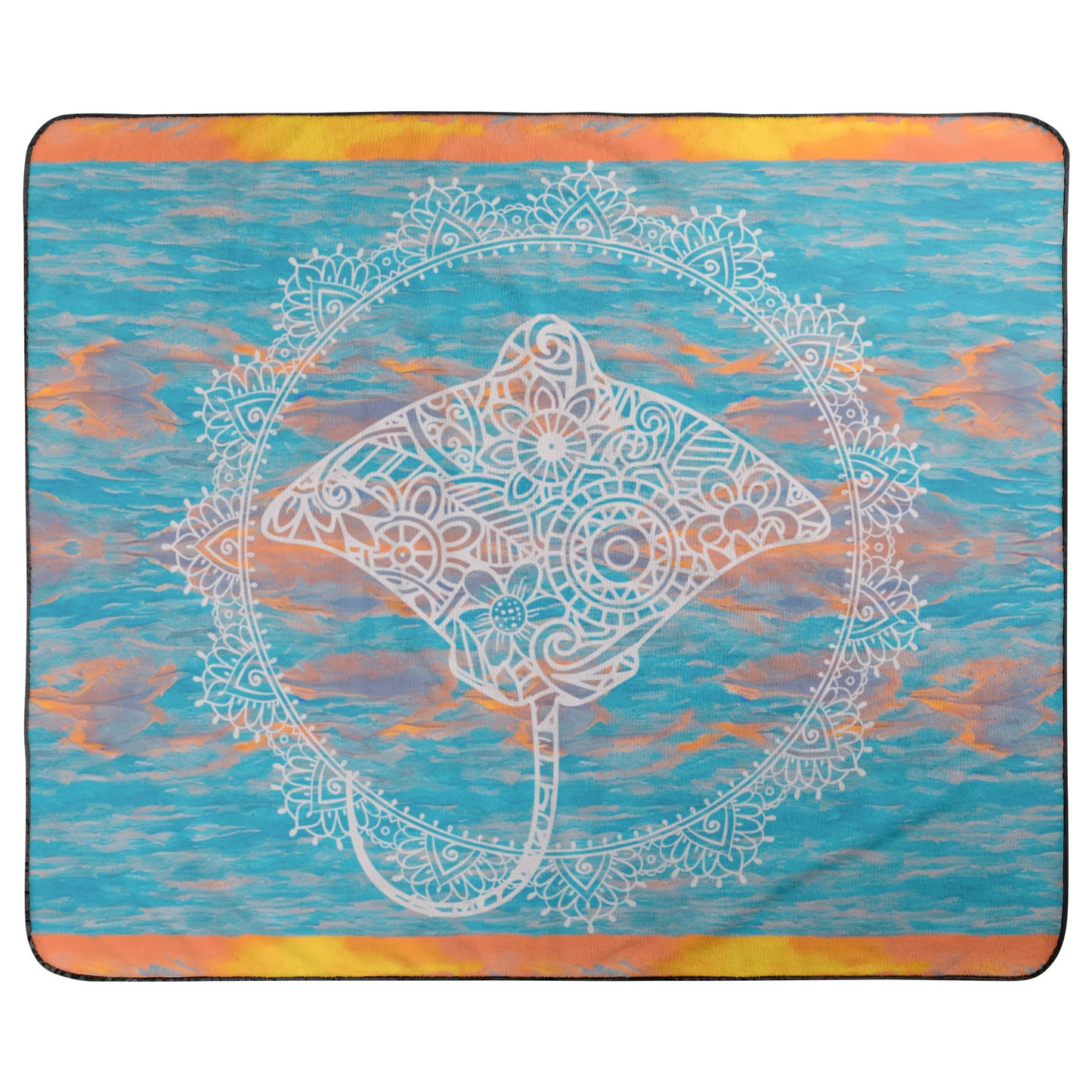 Decorative waterproof back beach blanket with a mandala design of a stingray on a watercolor background.