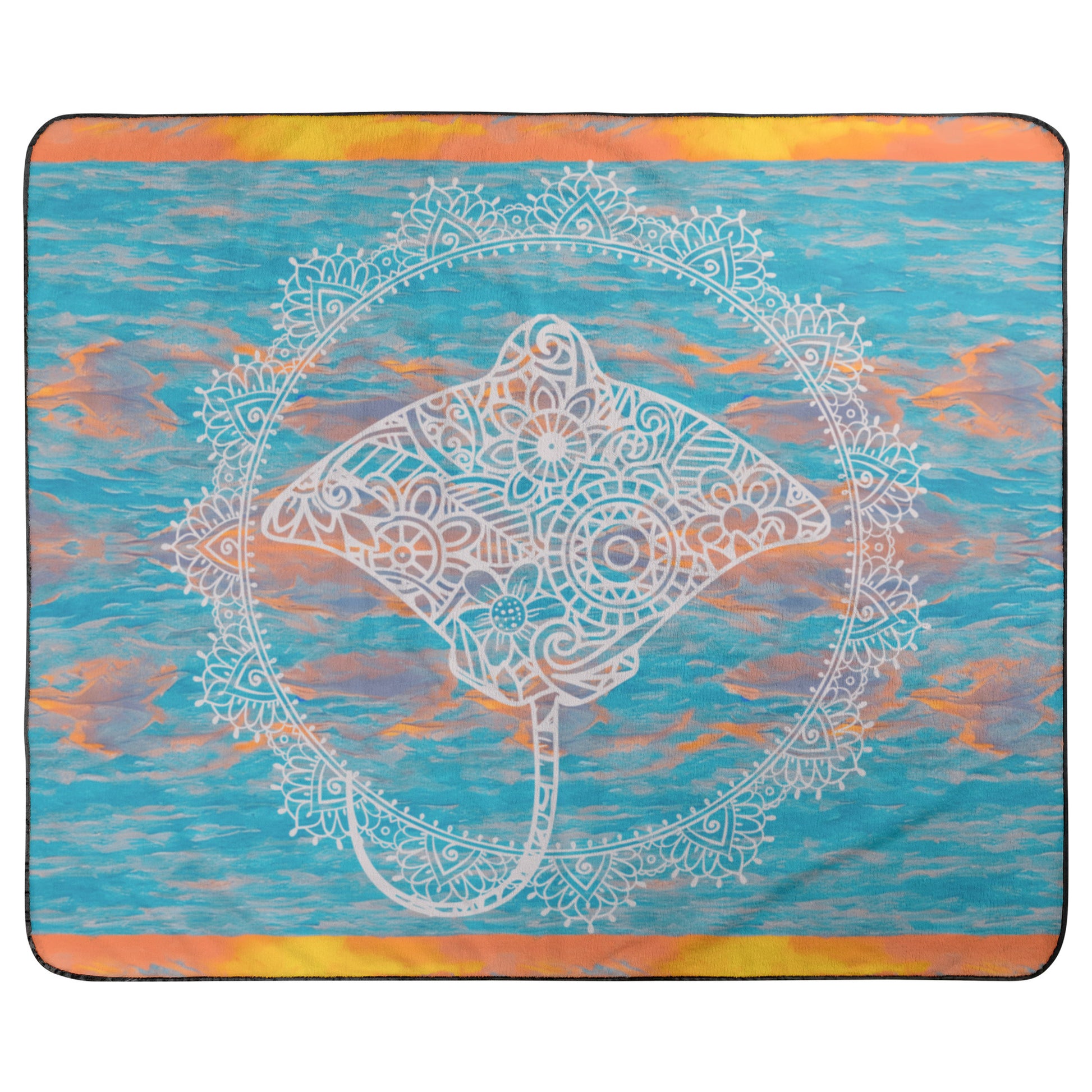 Decorative waterproof back beach blanket with a mandala design of a stingray on a watercolor background.