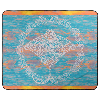 Decorative waterproof back beach blanket with a mandala design of a stingray on a watercolor background.