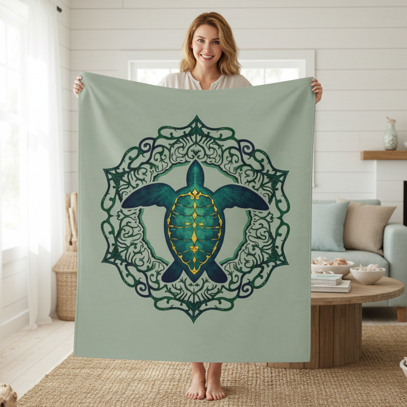 Woman holding a green blanket with a turtle design in a living room.