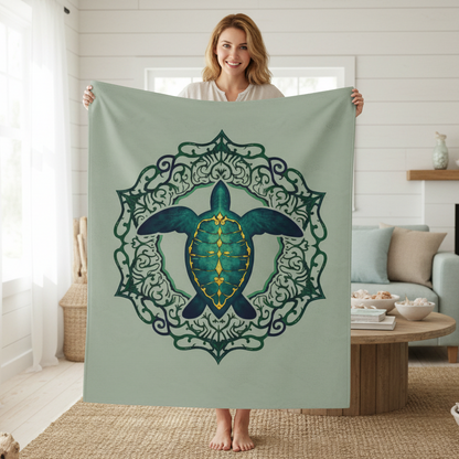Woman holding a green blanket with a turtle design in a living room.