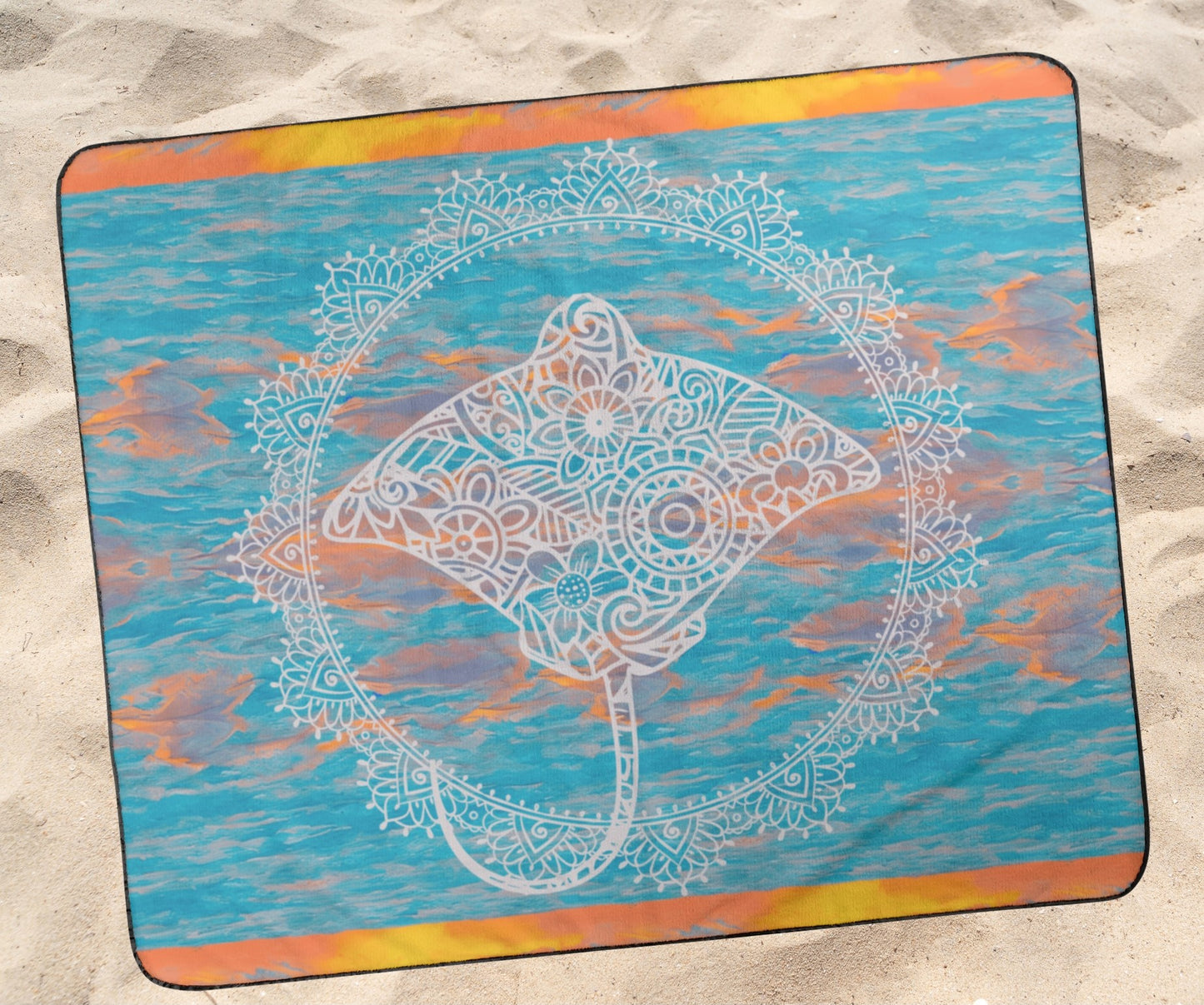 Beach Blanket with waterproof black back and blue and orange gradient background with celtic style Stingray