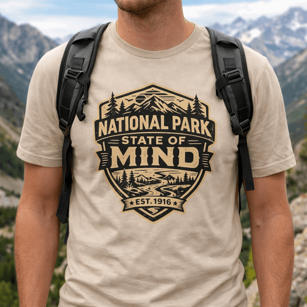 Person wearing a outdoor t-shirt with vintage badge graphic reading “National Park State of Mind” and “Est. 1916,” featuring mountains, trees, and a winding river.
