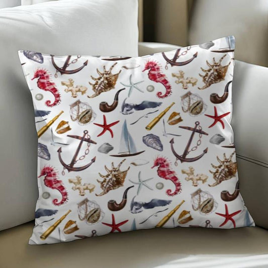 White base 14" pillow with nautical graphics.