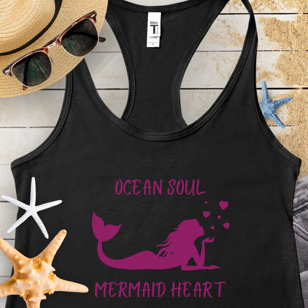 Black tank top with mermaid blowing hearts with text Ocean Soul Mermaid Heart.