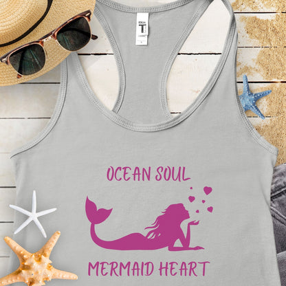 Gray tank top with mermaid blowing hearts with text Ocean Soul Mermaid Heart.