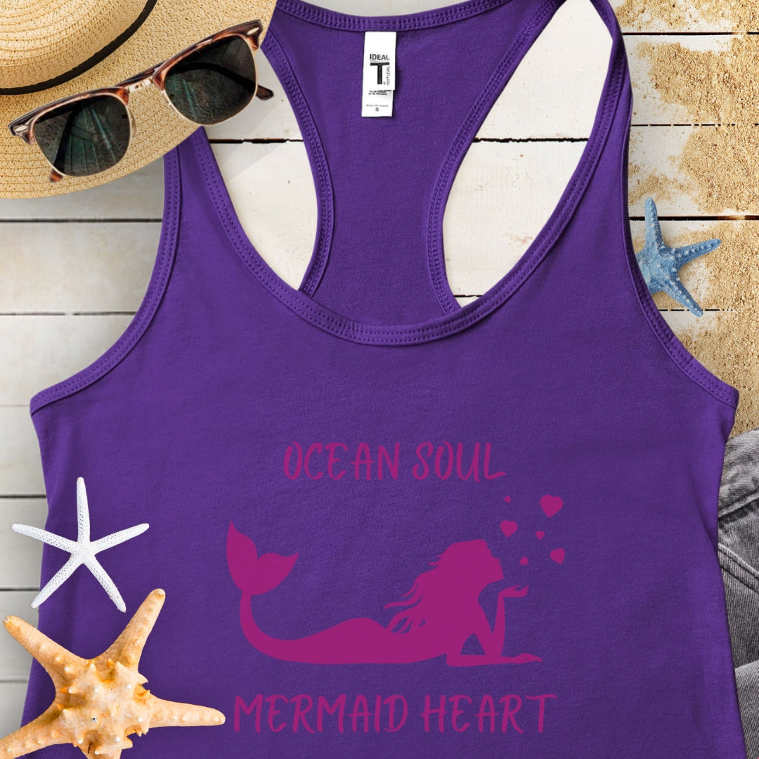 Purple tank top with mermaid blowing hearts with text Ocean Soul Mermaid Heart.