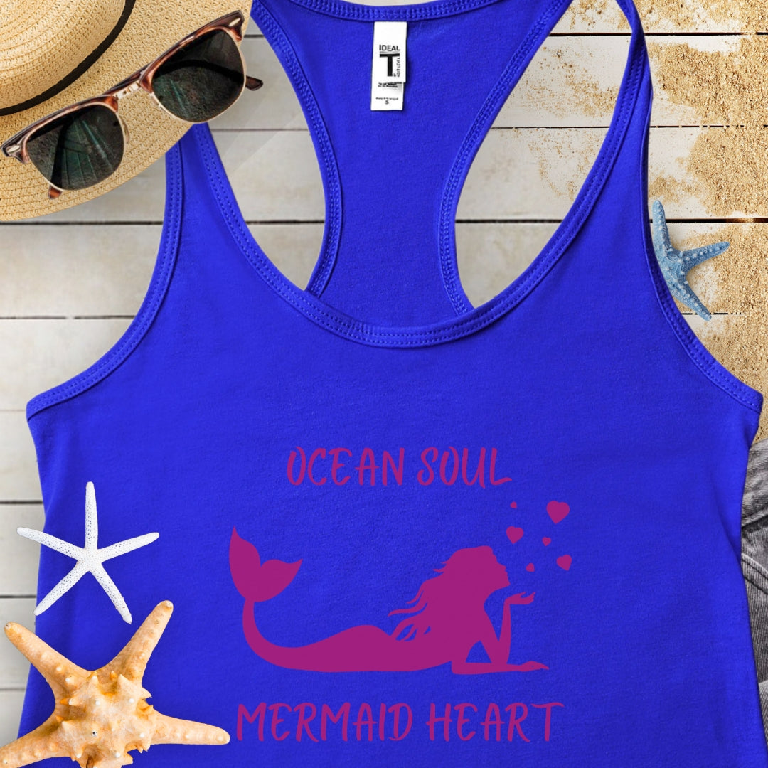 Royal Blue tank top with mermaid blowing hearts with text Ocean Soul Mermaid Heart.