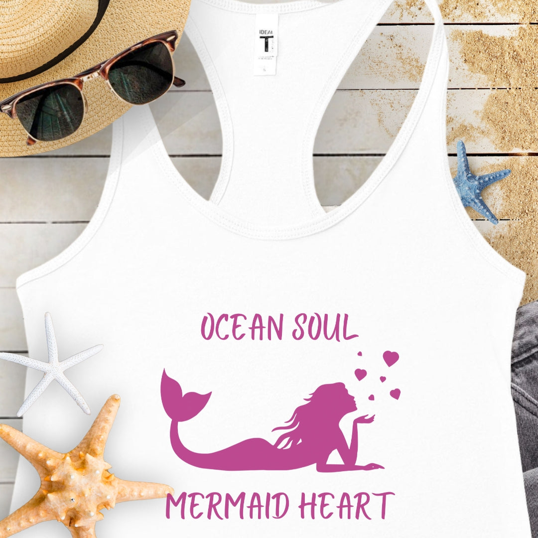 White tank top with mermaid blowing hearts with text Ocean Soul Mermaid Heart.