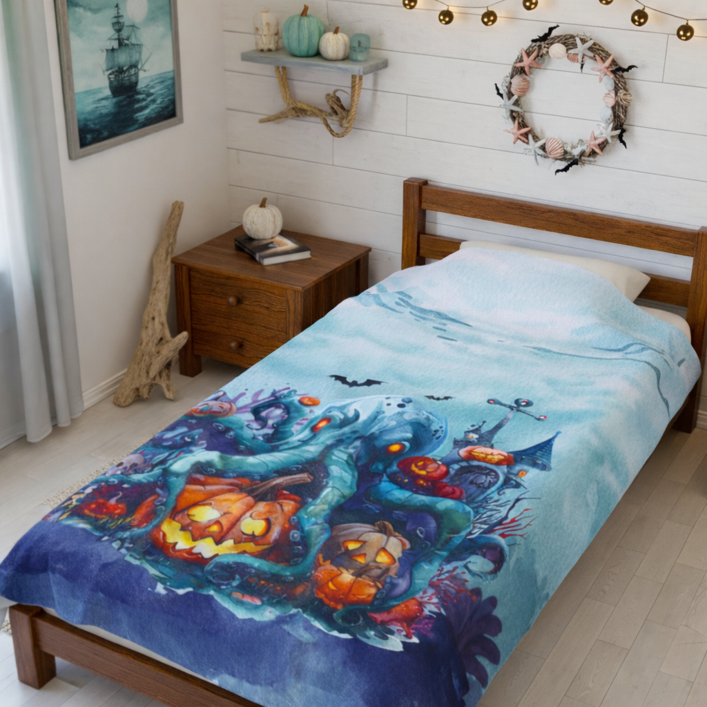 Bed with a Halloween-themed blanket featuring an octopus and pumpkins on a blue water background.