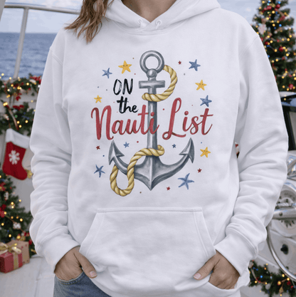 Person wearing a white crewneck sweatshirt with a nautical anchor and text On the Nauti List