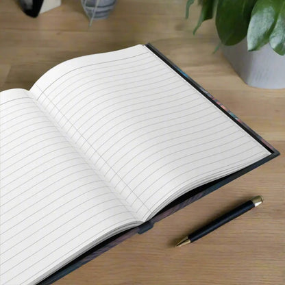 Opened hardcover journal with white lined paper with perforated pages.