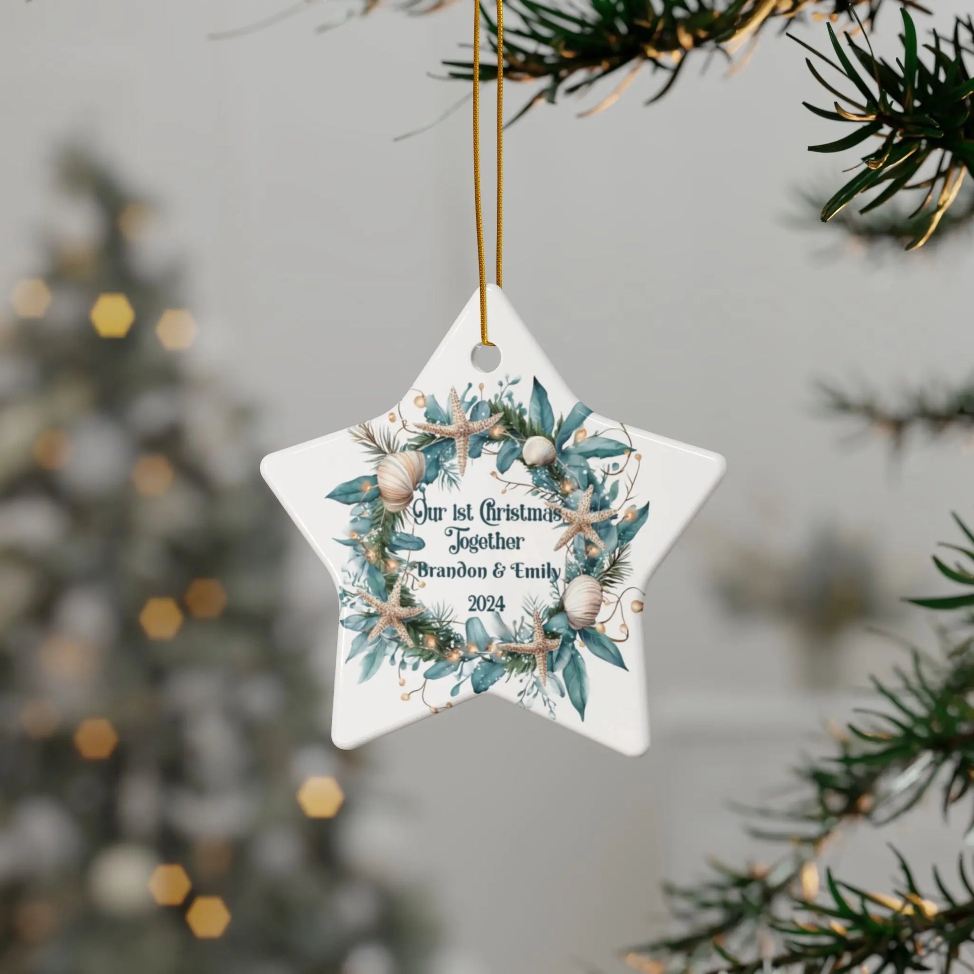White star ornament featuring a beach-themed wreath with seashells and starfish, displaying "Our 1st Christmas Together." Personalized with names and year, this coastal holiday keepsake is perfect for celebrating a special first Christmas.