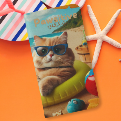 front of phone case wallet with picture of cat lounging on beach with pool toys and drinks surrounding the cat with the text Pawitive Vibes.