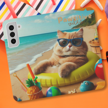 Opened phone case wallet with picture of cat lounging on beach with pool toys and drinks surrounding the cat with the text Pawitive Vibes.