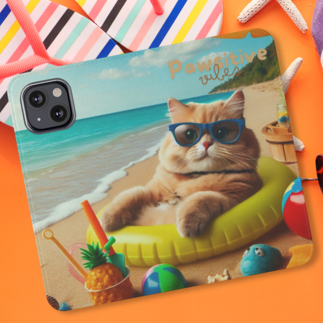 Opened  Phone Cover with cat lounging on beach with pool toys and drinks surrounding with text Pawsitive Vibes