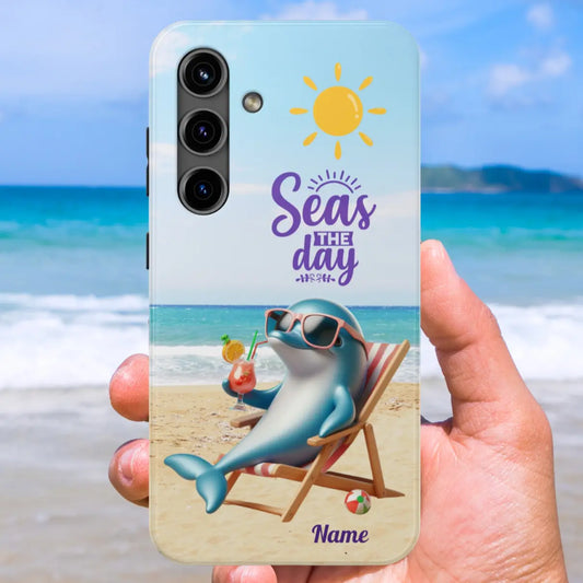 Phone Case Dolphin sitting in beach lounge chair on beach with text Seas The Day Personalized