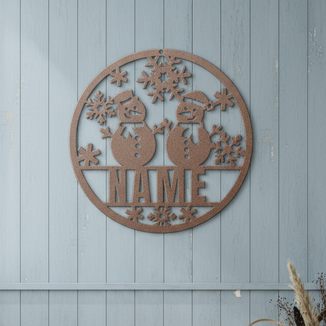Personalized_Snowman_Metal_Sign__Cust_Copper_Rustic_Hallway_Mockup.png