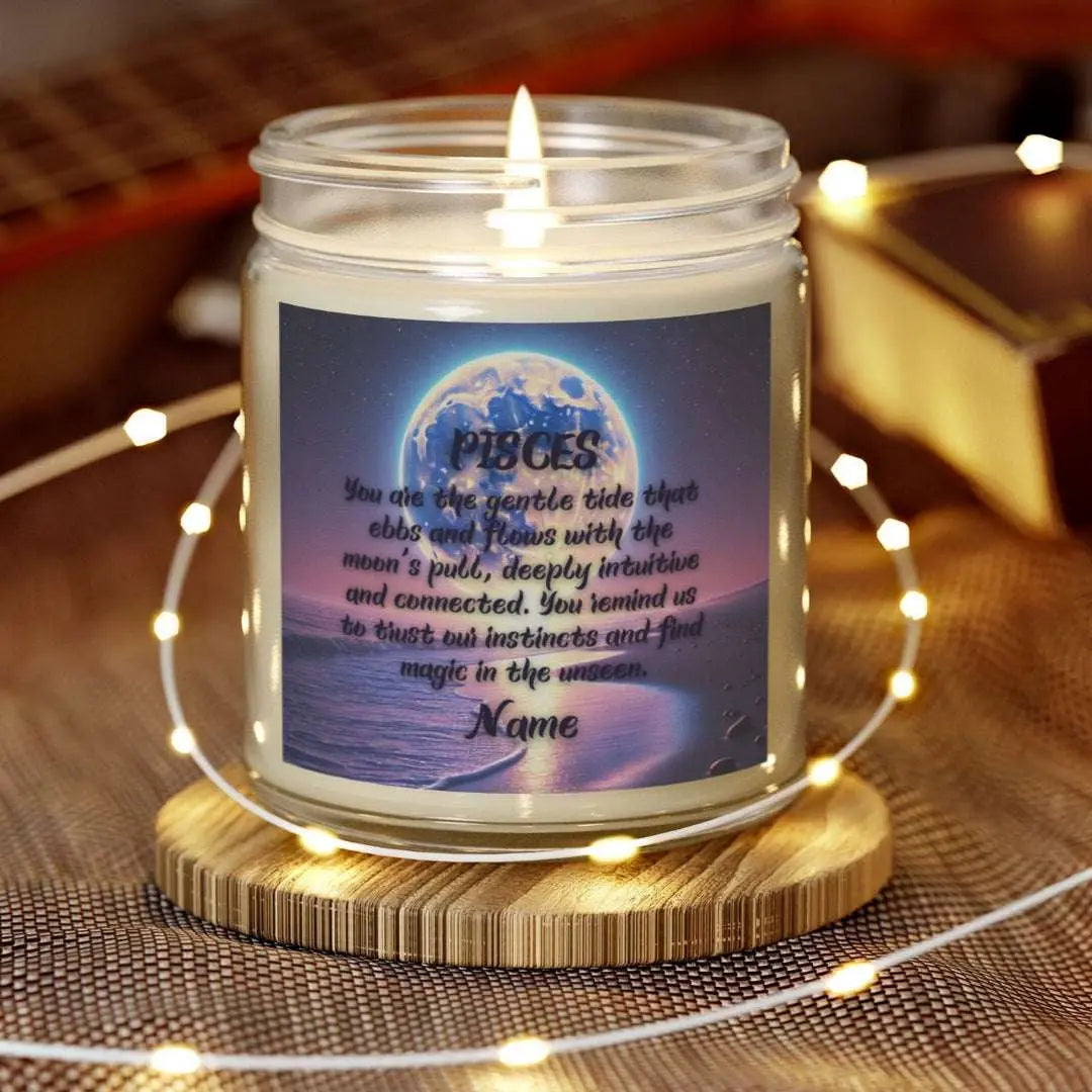 Elegant Sagittarius Zodiac hand-poured coconut apricot wax scented candle in a 9 oz clear glass jar, featuring a picture of a bright moon over the ocean at night and an inspirational quote personalized. A beach-inspired astrology gift, perfect for relaxation and decor.