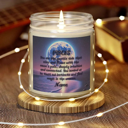 Elegant Sagittarius Zodiac hand-poured coconut apricot wax scented candle in a 9 oz clear glass jar, featuring a picture of a bright moon over the ocean at night and an inspirational quote personalized. A beach-inspired astrology gift, perfect for relaxation and decor.