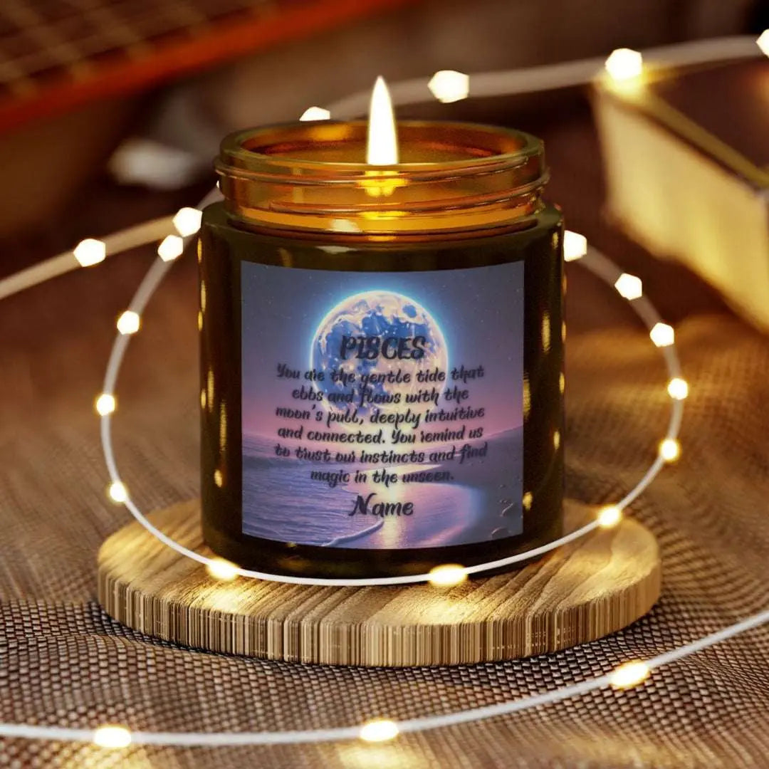 Elegant Sagittarius Zodiac hand-poured coconut apricot wax scented candle in a 4 oz amber glass jar, featuring a picture of a bright moon over the ocean at night and an inspirational quote personalized. A beach-inspired astrology gift, perfect for relaxation and decor.