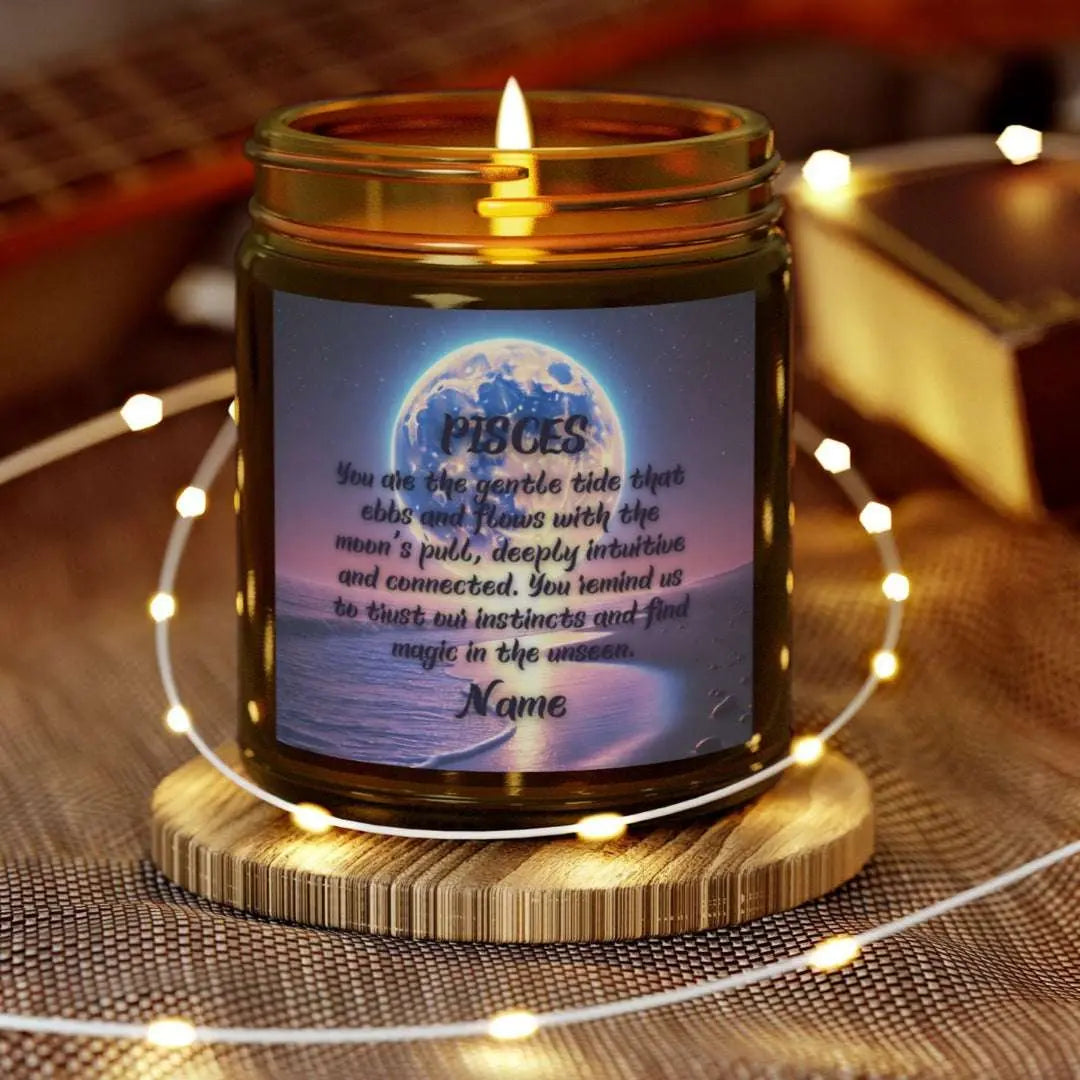 Elegant Sagittarius Zodiac hand-poured coconut apricot wax scented candle in a 9 oz amber glass jar, featuring a picture of a bright moon over the ocean at night and an inspirational quote personalized. A beach-inspired astrology gift, perfect for relaxation and decor.