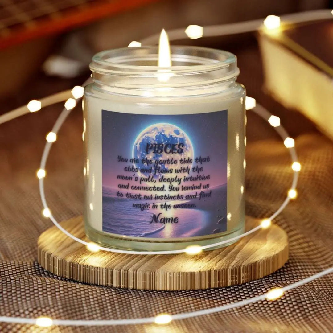 Elegant Sagittarius Zodiac hand-poured coconut apricot wax scented candle in a 4 oz clear glass jar, featuring a picture of a bright moon over the ocean at night and an inspirational quote personalized. A beach-inspired astrology gift, perfect for relaxation and decor.