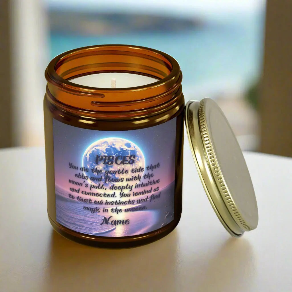 Elegant Sagittarius Zodiac hand-poured coconut apricot wax scented candle in a 9 oz amber glass jar with gold lid, featuring a picture of a bright moon over the ocean at night and an inspirational quote personalized. A beach-inspired astrology gift, perfect for relaxation and decor.