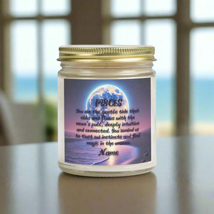 Elegant Sagittarius Zodiac hand-poured coconut apricot wax scented candle in a 9 oz clear glass jar with gold lid, featuring a picture of a bright moon over the ocean at night and an inspirational quote personalized. A beach-inspired astrology gift, perfect for relaxation and decor.
