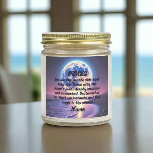 Elegant Sagittarius Zodiac hand-poured coconut apricot wax scented candle in a 9 oz clear glass jar with gold lid, featuring a picture of a bright moon over the ocean at night and an inspirational quote personalized. A beach-inspired astrology gift, perfect for relaxation and decor.
