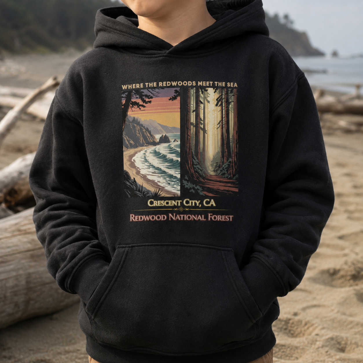 A child wearing a black pullover hoodie with a vintage-style coastal forest graphic on the chest. The print shows a beach and ocean on the left and tall redwood trees on the right, with text reading 'WHERE THE REDWOODS MEET THE SEA', 'CRESCENT CITY, CA', and 'REDWOOD NATIONAL FOREST'.