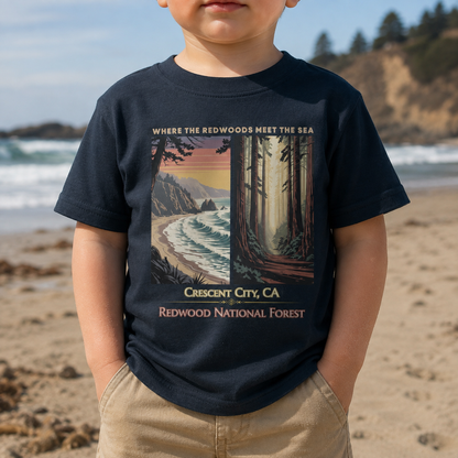 A child wearing a black graphic t-shirt with a vintage-style Redwood National Forest print, standing on a sandy beach with the ocean in the background.