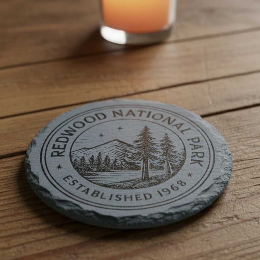 Gray round slate coaster with Redwood National Park design engraved on a 4" slate coaster.