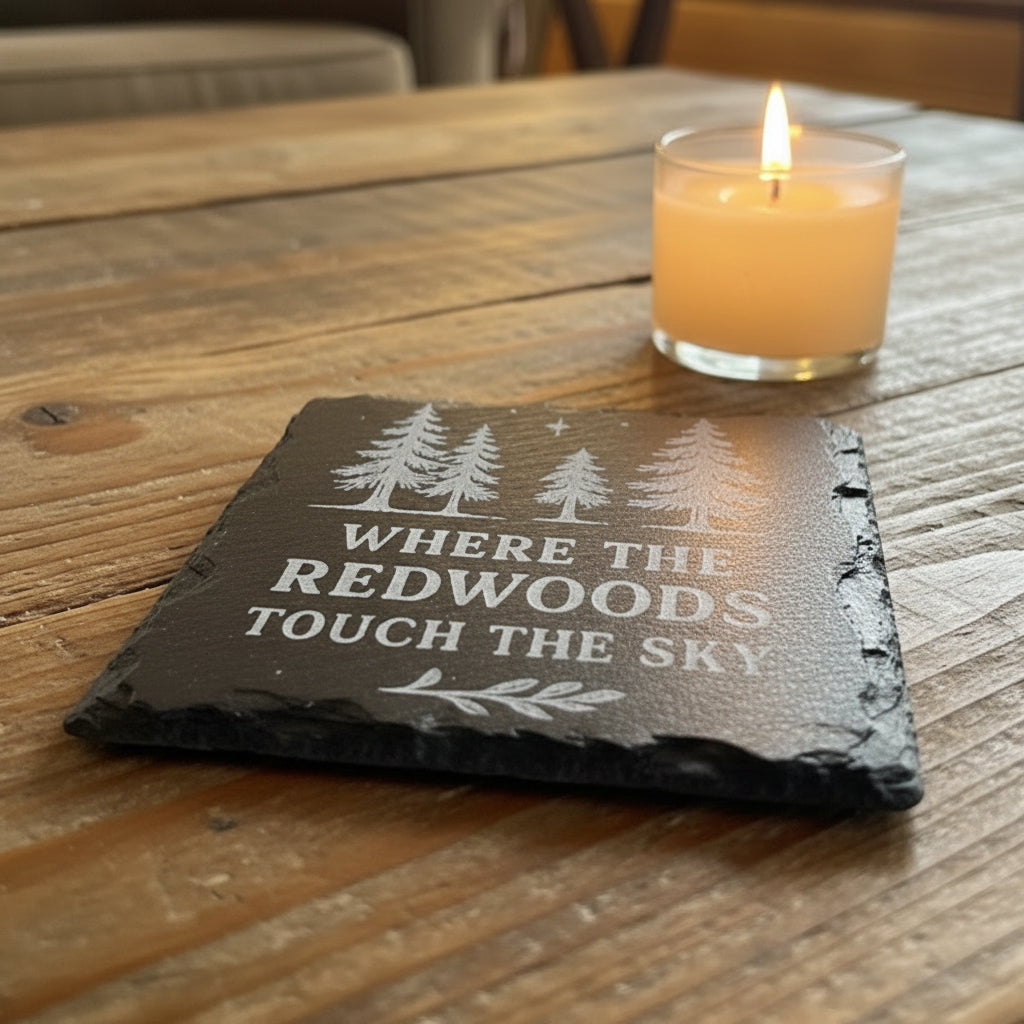 Black slate coaster with engraved trees and text Where the Redwoods Touch the Sky.