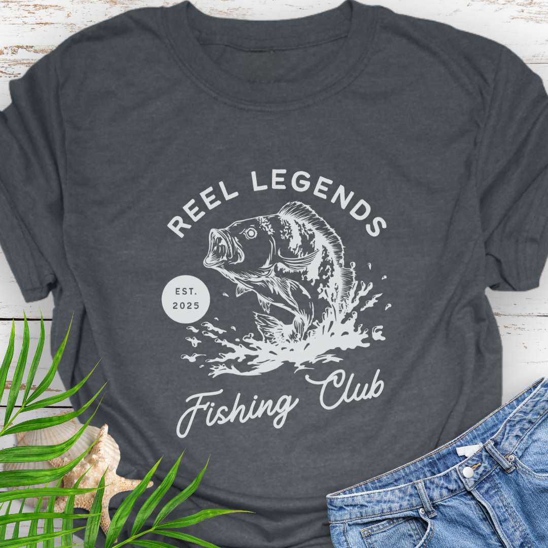 Dark Heather Gray Reel Legends Fishing Club Unisex T-shirt perfect for a fishing enthusiast.